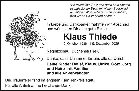 Traueranzeige von Klaus Thiede von Frankenpost