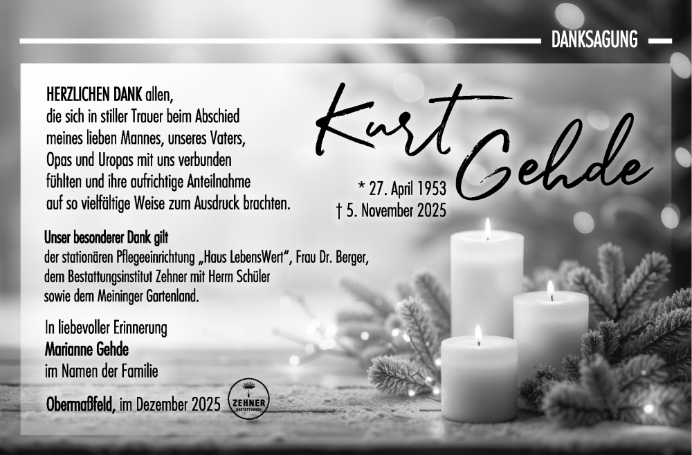  Traueranzeige für Kurt Gehde vom 06.12.2025 aus Südthüringer Presse