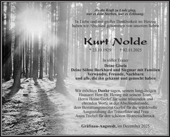 Traueranzeige von Kurt Nolde von Südthüringer Presse
