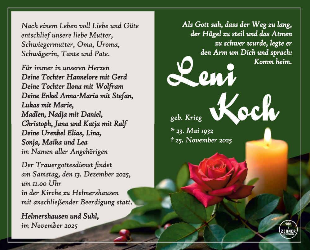  Traueranzeige für Leni Koch vom 06.12.2025 aus Südthüringer Presse