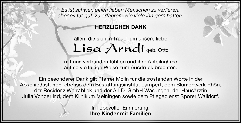 Traueranzeige für Lisa Arndt vom 13.12.2025 aus Südthüringer Presse