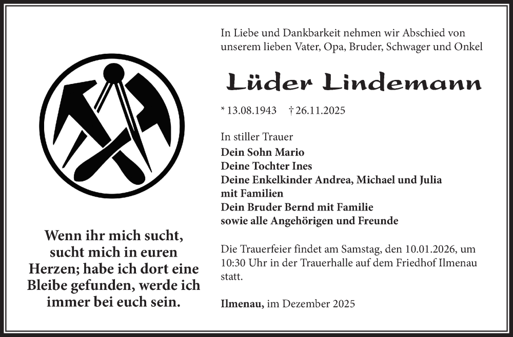  Traueranzeige für Lüder Lindemann vom 13.12.2025 aus Südthüringer Presse