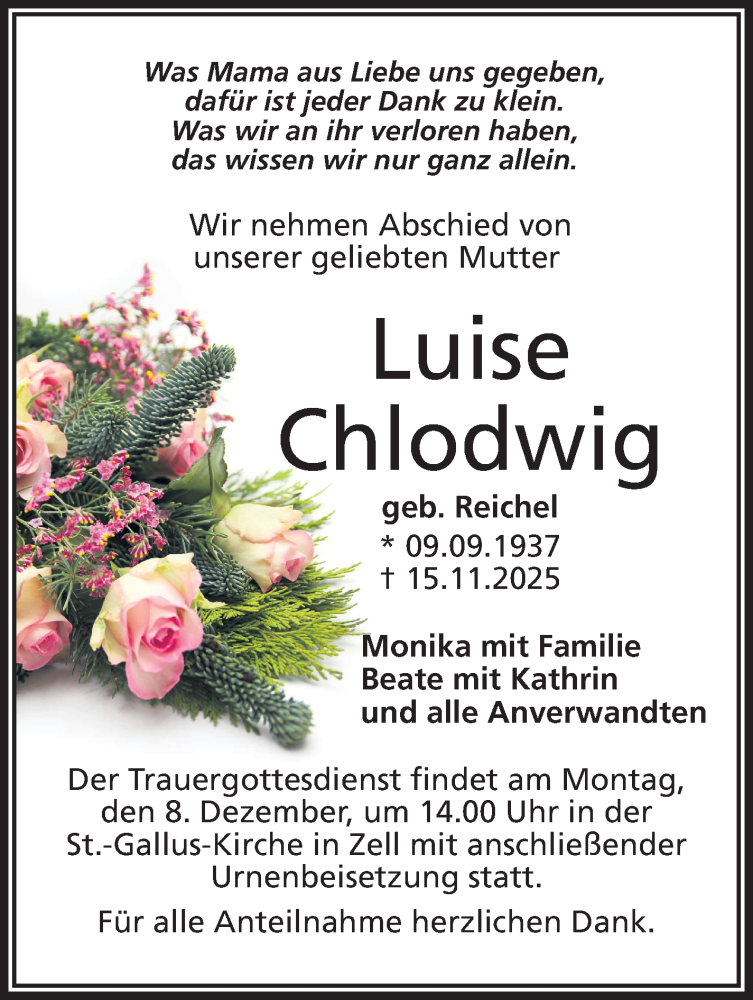  Traueranzeige für Luise Chlodwig vom 06.12.2025 aus Frankenpost