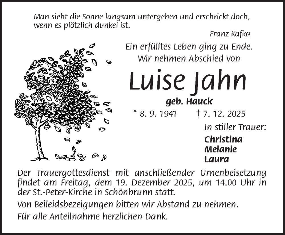  Traueranzeige für Luise Jahn vom 17.12.2025 aus Frankenpost