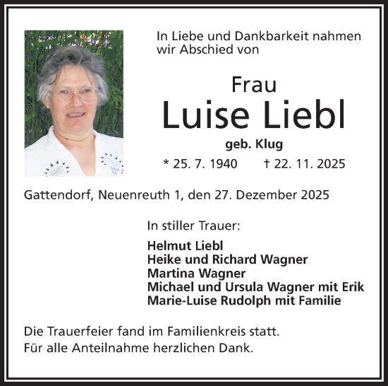 Traueranzeige von Luise Liebl von Frankenpost