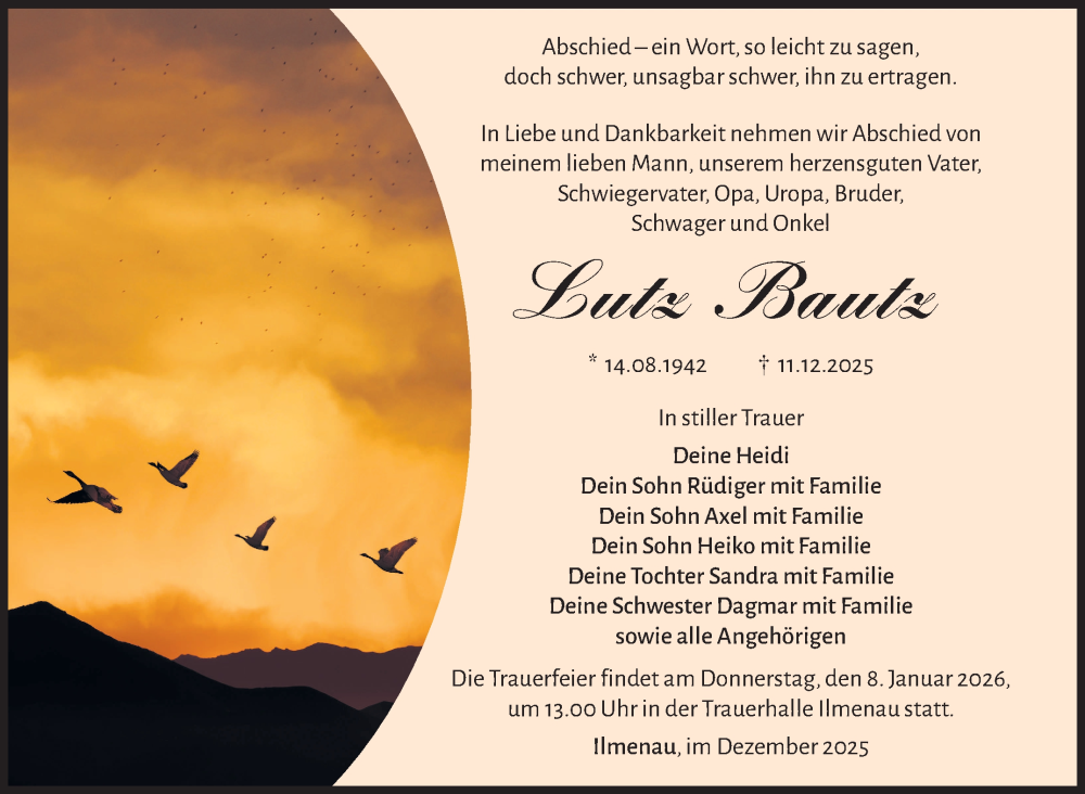 Traueranzeige für Lutz Bautz vom 20.12.2025 aus Südthüringer Presse