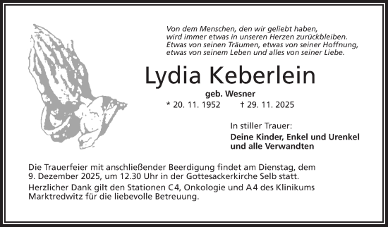 Traueranzeige von Lydia Keberlein von Frankenpost