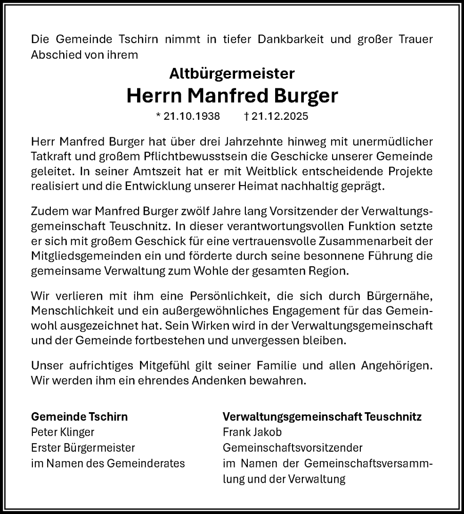  Traueranzeige für Manfred Burger vom 27.12.2025 aus Neue Presse Coburg