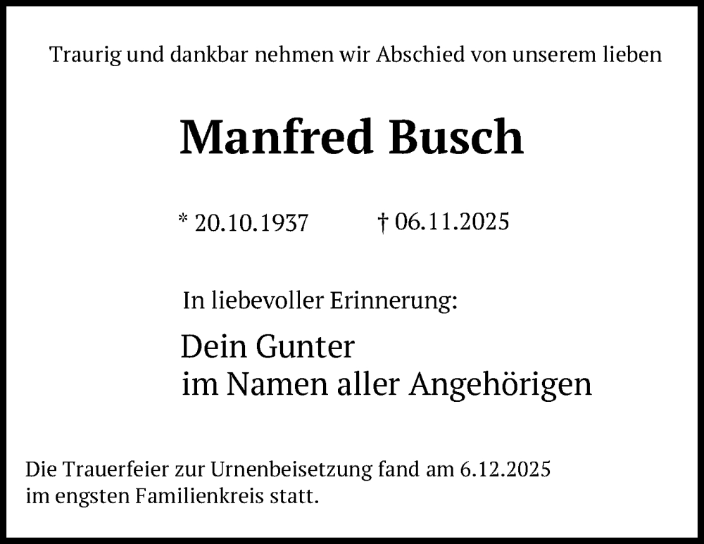  Traueranzeige für Manfred Busch vom 20.12.2025 aus Südthüringer Presse