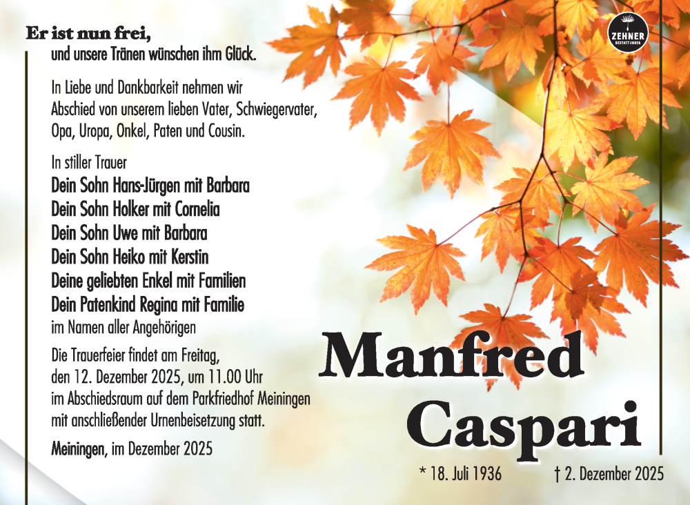  Traueranzeige für Manfred Caspari vom 06.12.2025 aus Südthüringer Presse