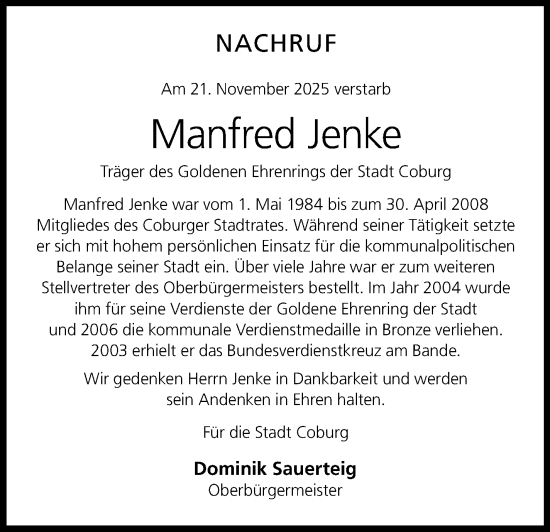 Traueranzeige von Manfred Jenke von Neue Presse Coburg