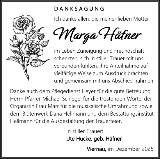 Traueranzeige von Marga Häfner von Südthüringer Presse