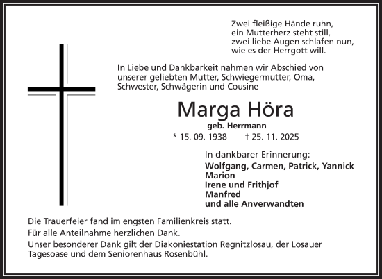 Traueranzeige von Marga Höra von Frankenpost