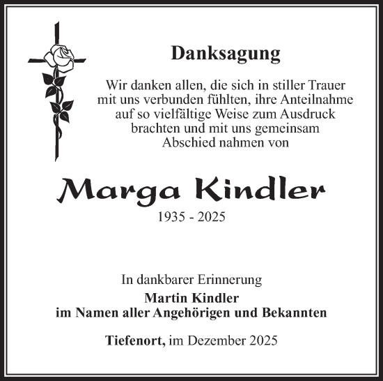 Traueranzeige von Marga Kindler von Südthüringer Presse