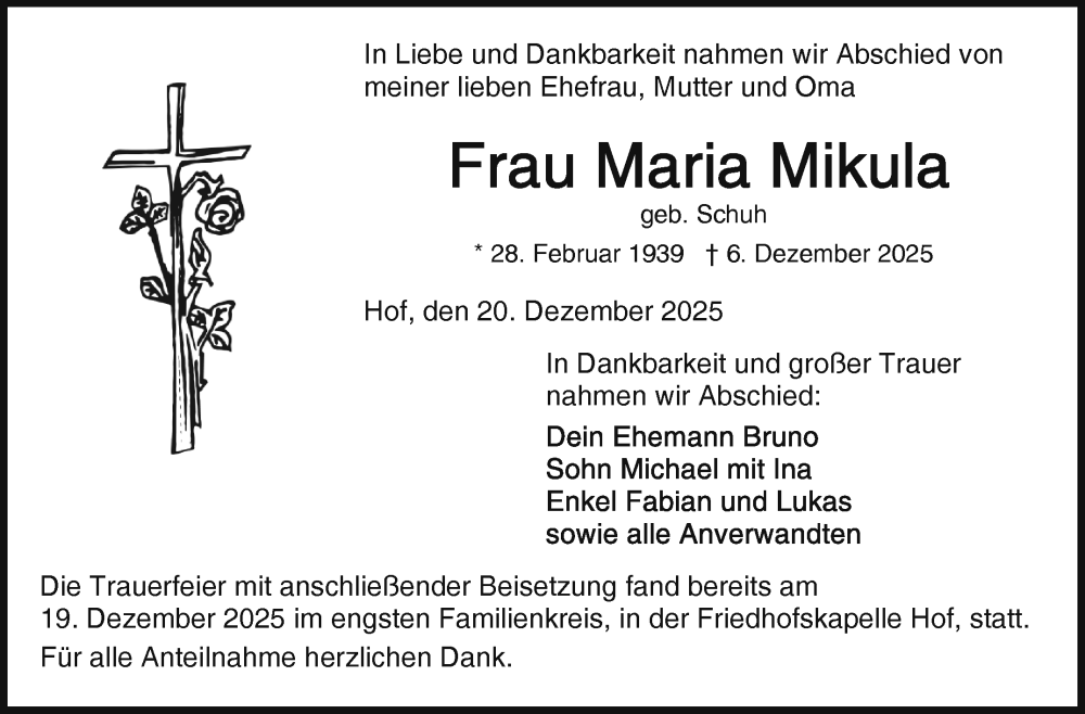  Traueranzeige für Maria Mikula vom 20.12.2025 aus Frankenpost