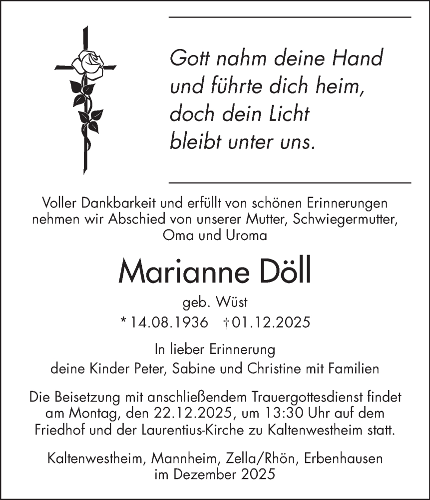  Traueranzeige für Marianne Döll vom 12.12.2025 aus Südthüringer Presse