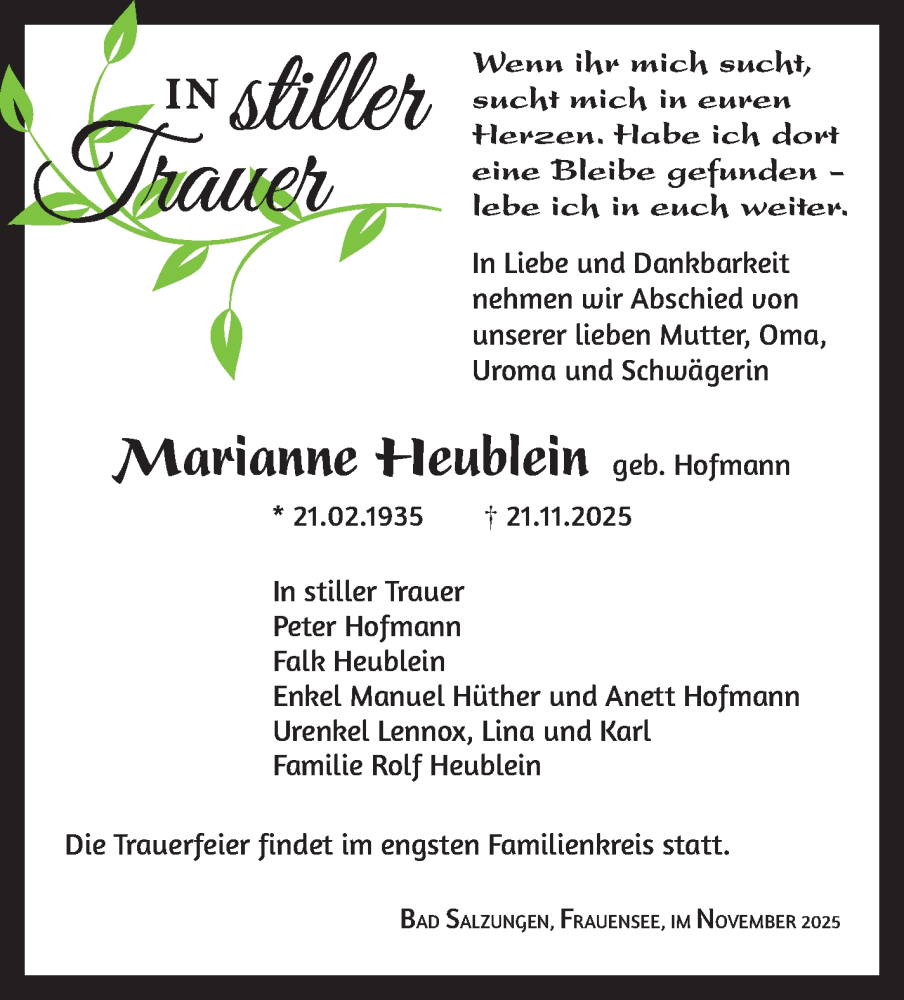  Traueranzeige für Marianne Heublein vom 04.12.2025 aus Südthüringer Presse
