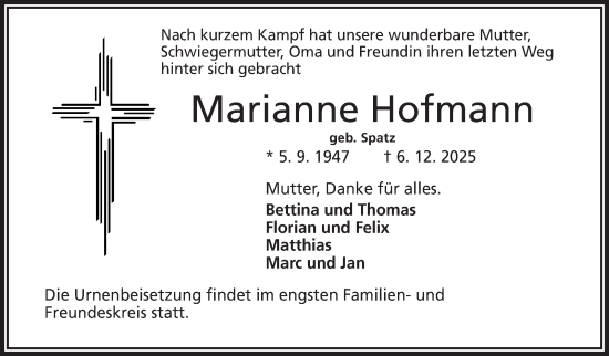 Traueranzeige von Marianne Hofmann von Frankenpost