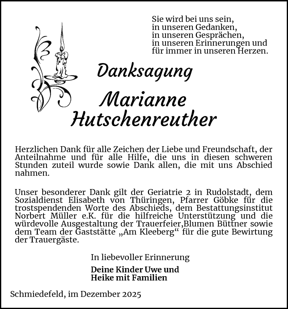  Traueranzeige für Marianne Hutschenreuther vom 27.12.2025 aus Südthüringer Presse