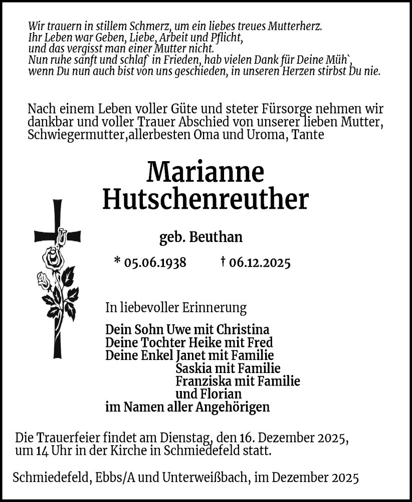  Traueranzeige für Marianne Hutschenreuther vom 13.12.2025 aus Südthüringer Presse