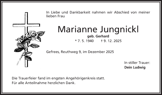 Traueranzeige von Marianne Jungnickl von Frankenpost
