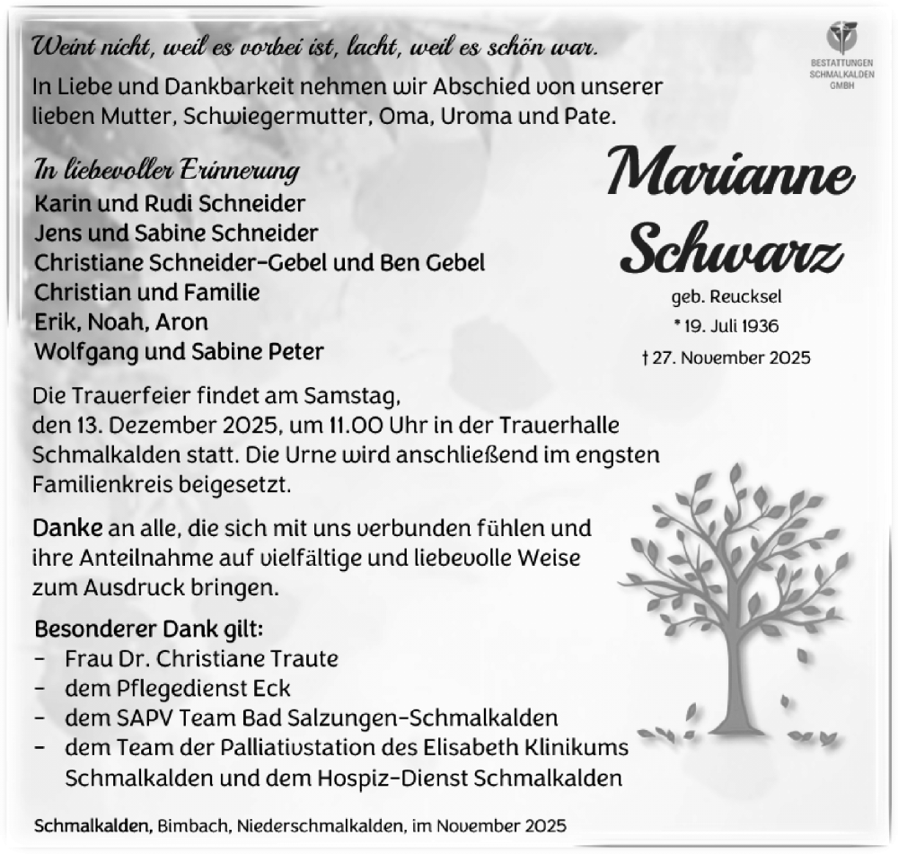  Traueranzeige für Marianne Schwarz vom 06.12.2025 aus Südthüringer Presse