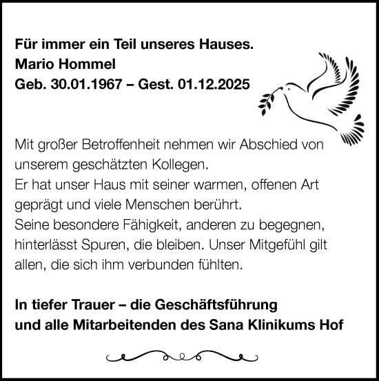 Traueranzeige von Mario Hommel von Frankenpost