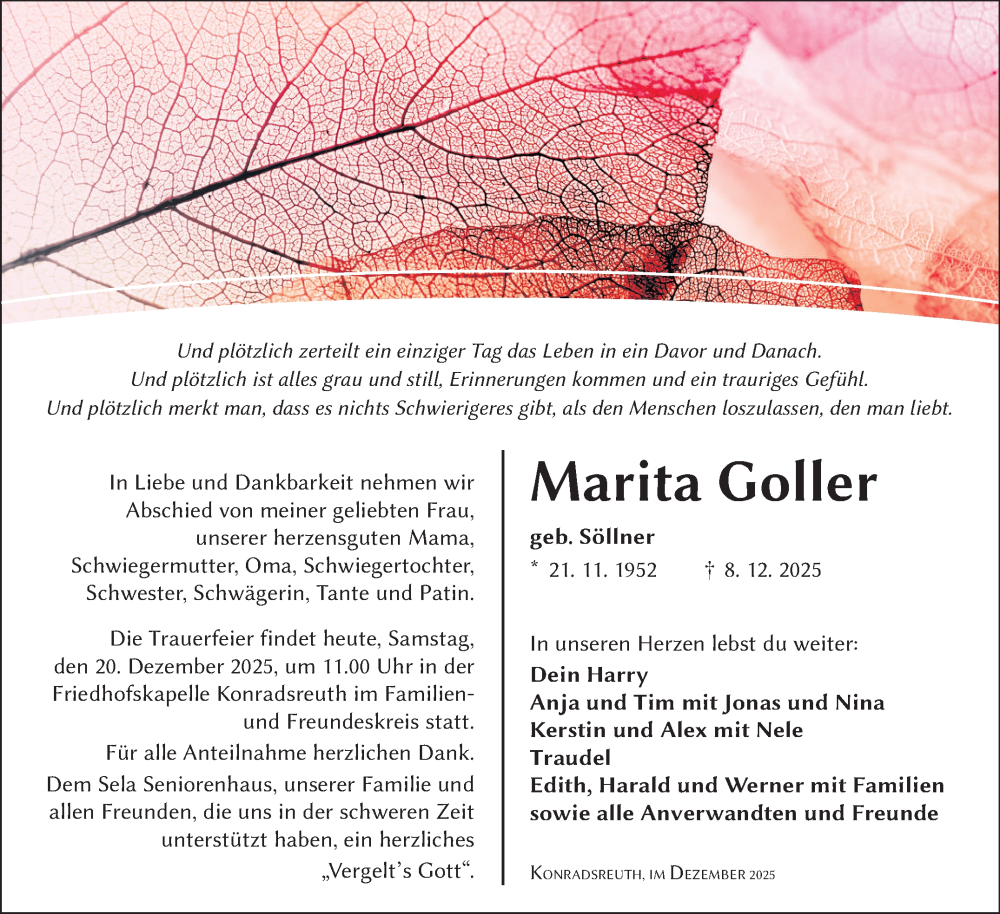  Traueranzeige für Marita Goller vom 20.12.2025 aus Frankenpost