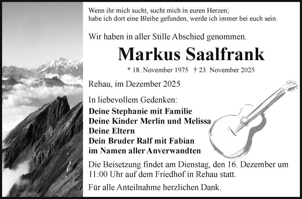  Traueranzeige für Markus Saalfrank vom 13.12.2025 aus Frankenpost