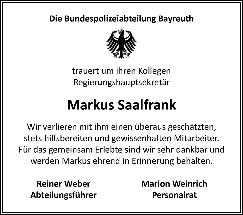  Traueranzeige für Markus Saalfrank vom 13.12.2025 aus Frankenpost