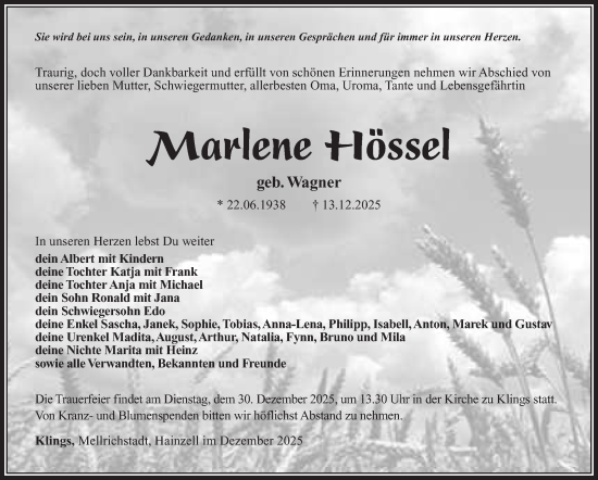 Traueranzeige von Marlene Hössel von Südthüringer Presse