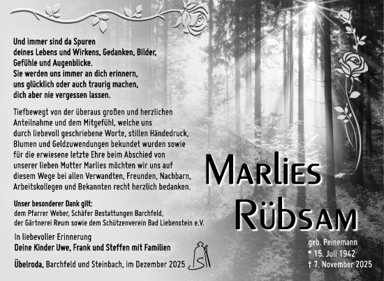 Traueranzeige von Marlies Rübsam von Südthüringer Presse