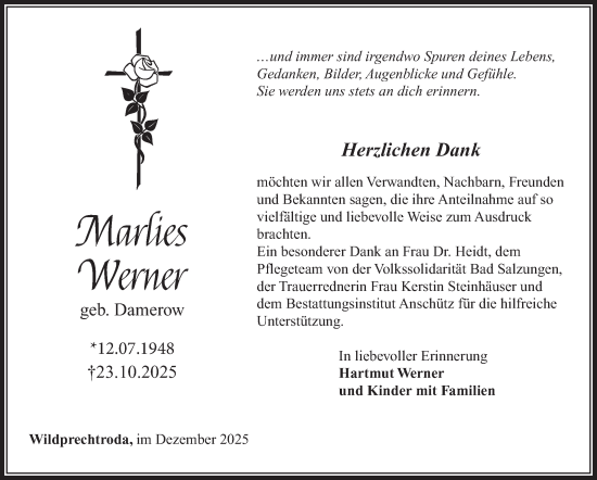 Traueranzeige von Marlies Werner von Südthüringer Presse