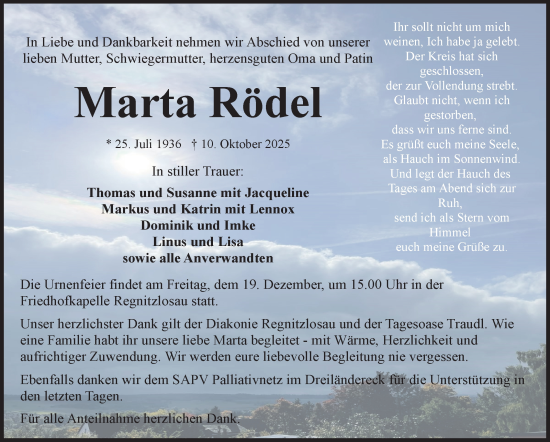Traueranzeige von Marta Rödel von Frankenpost