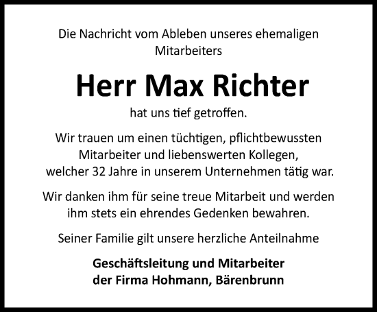 Traueranzeige von Max Richter von Frankenpost