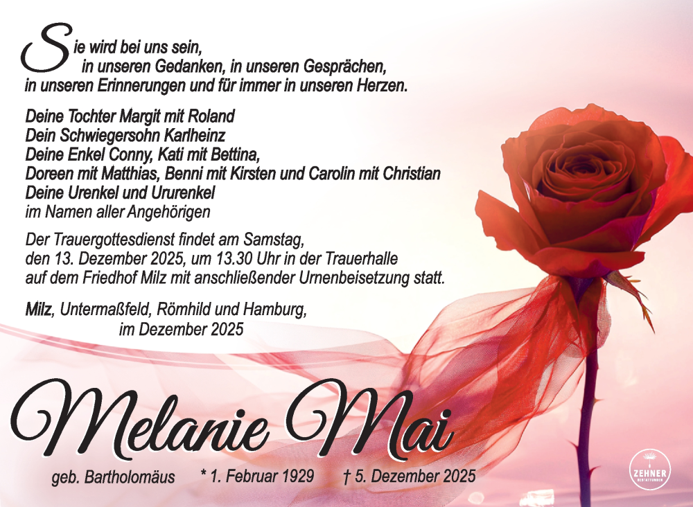  Traueranzeige für Melanie Mai vom 10.12.2025 aus Südthüringer Presse