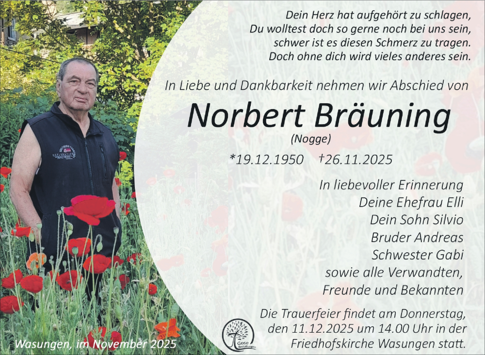  Traueranzeige für Norbert Bräuning vom 06.12.2025 aus Südthüringer Presse