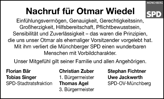 Traueranzeige von Otmar Wiedel von Frankenpost