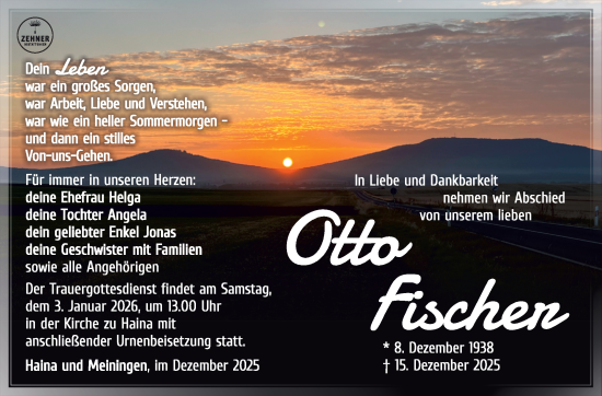 Traueranzeige von Otto Fischer von Südthüringer Presse
