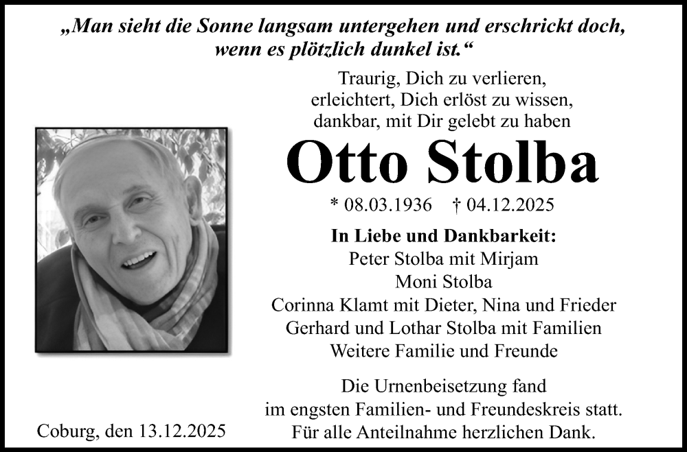  Traueranzeige für Otto Stolba vom 13.12.2025 aus Neue Presse Coburg