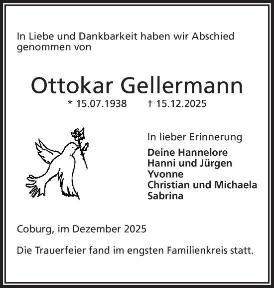 Traueranzeige von Ottokar Gellermann von Neue Presse Coburg