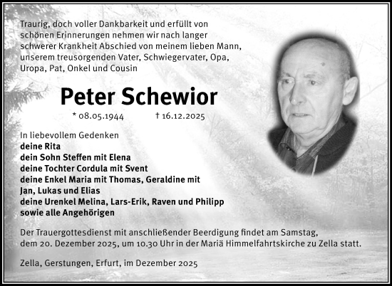 Traueranzeige von Peter Schewior von Südthüringer Presse