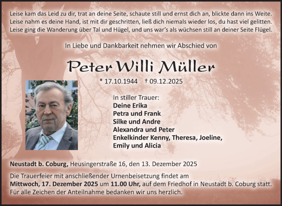 Traueranzeige von Peter Willi Müller von Neue Presse Coburg