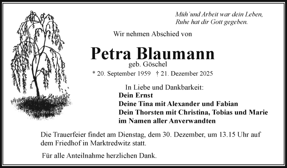  Traueranzeige für Petra Blaumann vom 27.12.2025 aus Frankenpost
