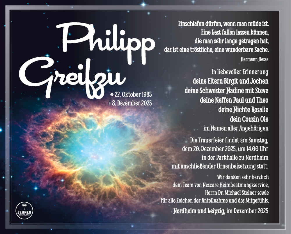  Traueranzeige für Philipp Greifzu vom 13.12.2025 aus Südthüringer Presse