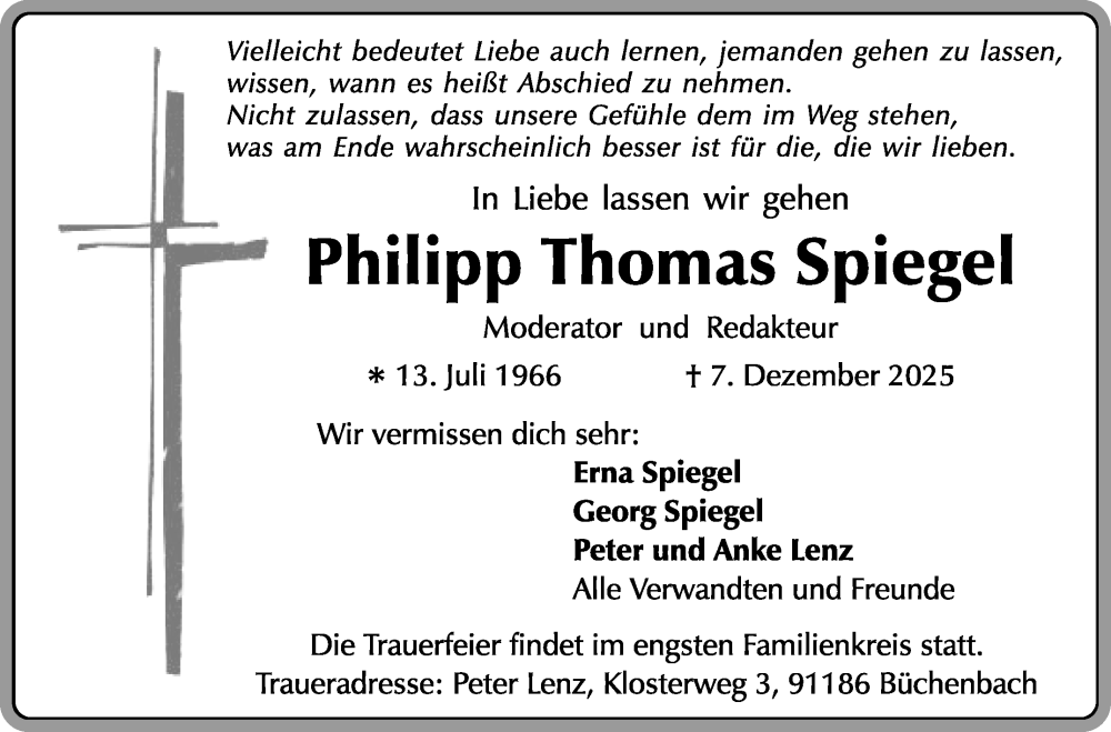  Traueranzeige für Philipp Thomas Spiegel vom 13.12.2025 aus Frankenpost