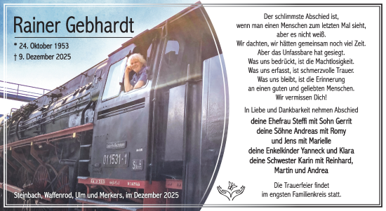 Traueranzeige von Rainer Gebhardt von Südthüringer Presse