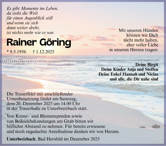 Traueranzeige von Rainer Göring von Südthüringer Presse