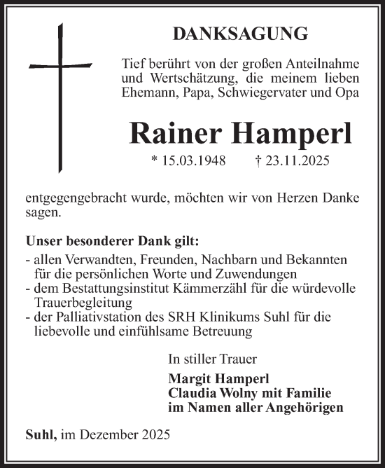 Traueranzeige von Rainer Hamperl von Südthüringer Presse