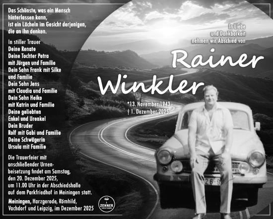 Traueranzeige von Rainer Winkler von Südthüringer Presse